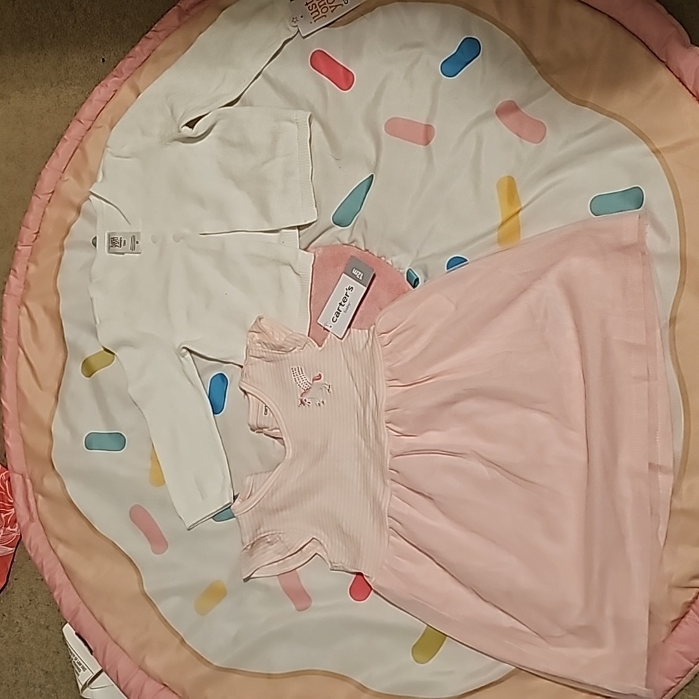 NWT Carter's 12m.set of pink unicorn 🦄 dress and white sweater with buttons